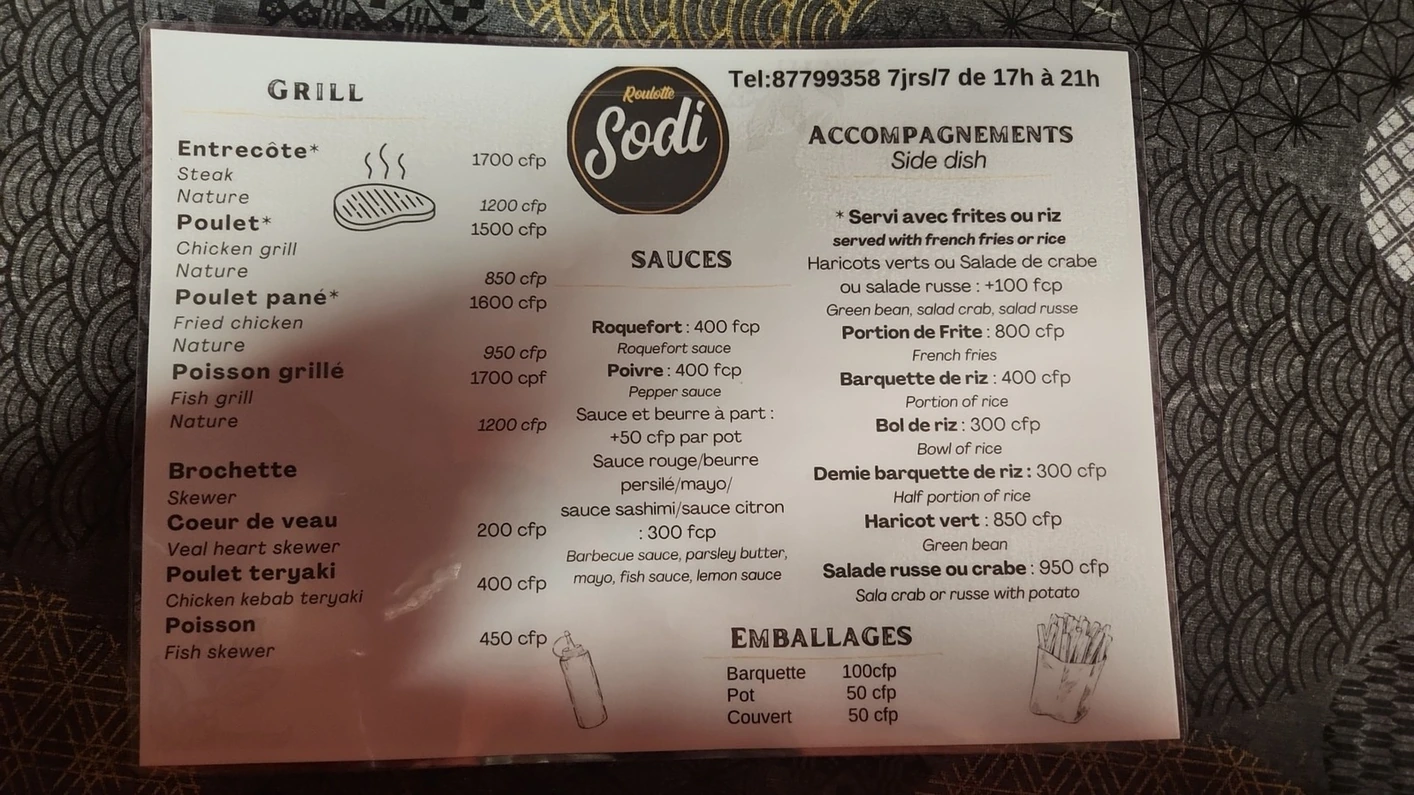 Carte Roulotte Sodi : grillades, brochettes, sauces et accompagnements avec les prix